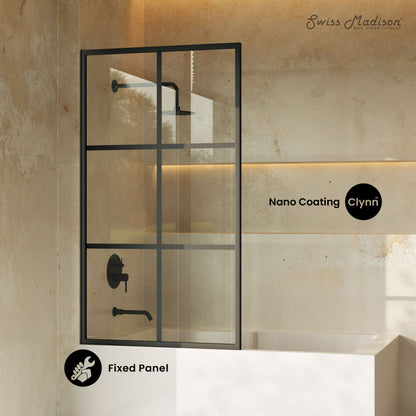 Virage 34 x 58 Framed Fixed 3/8 in. (10mm) Clear Tempered Glass Tub Door with Black Matte Frame