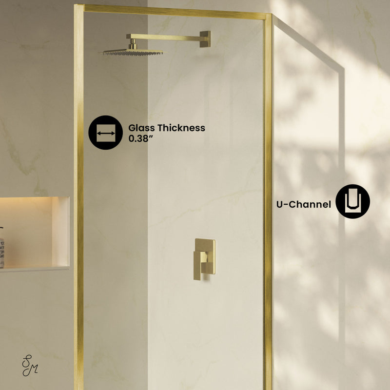 Pierre 34 x 76 Framed Fixed 3/8 in. (10mm) Clear Tempered Glass Shower Door with Gold Brushed Frame