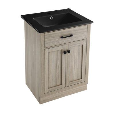 Burdon 24 in. Brown Oak Bathroom Vanity With Black Ceramic Sink Top