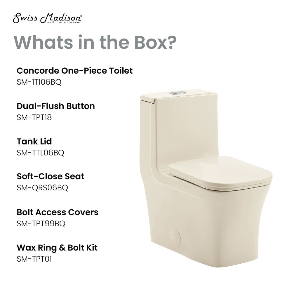 Square one-piece toilet in bisque with dual flush and soft-close lid.