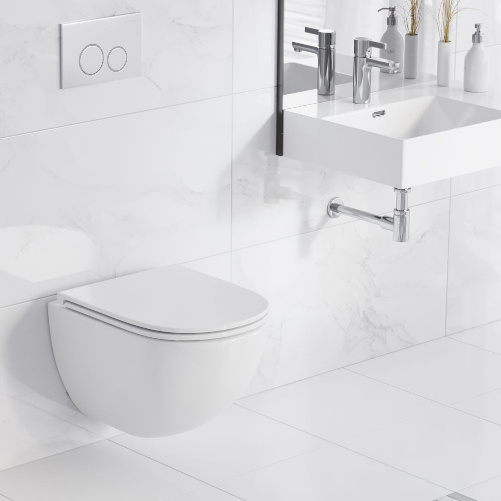 St. Tropez Wall-Hung Toilet Bundle 0.8/1.6 GPF Dual Flush in Glossy White with Flush Plate