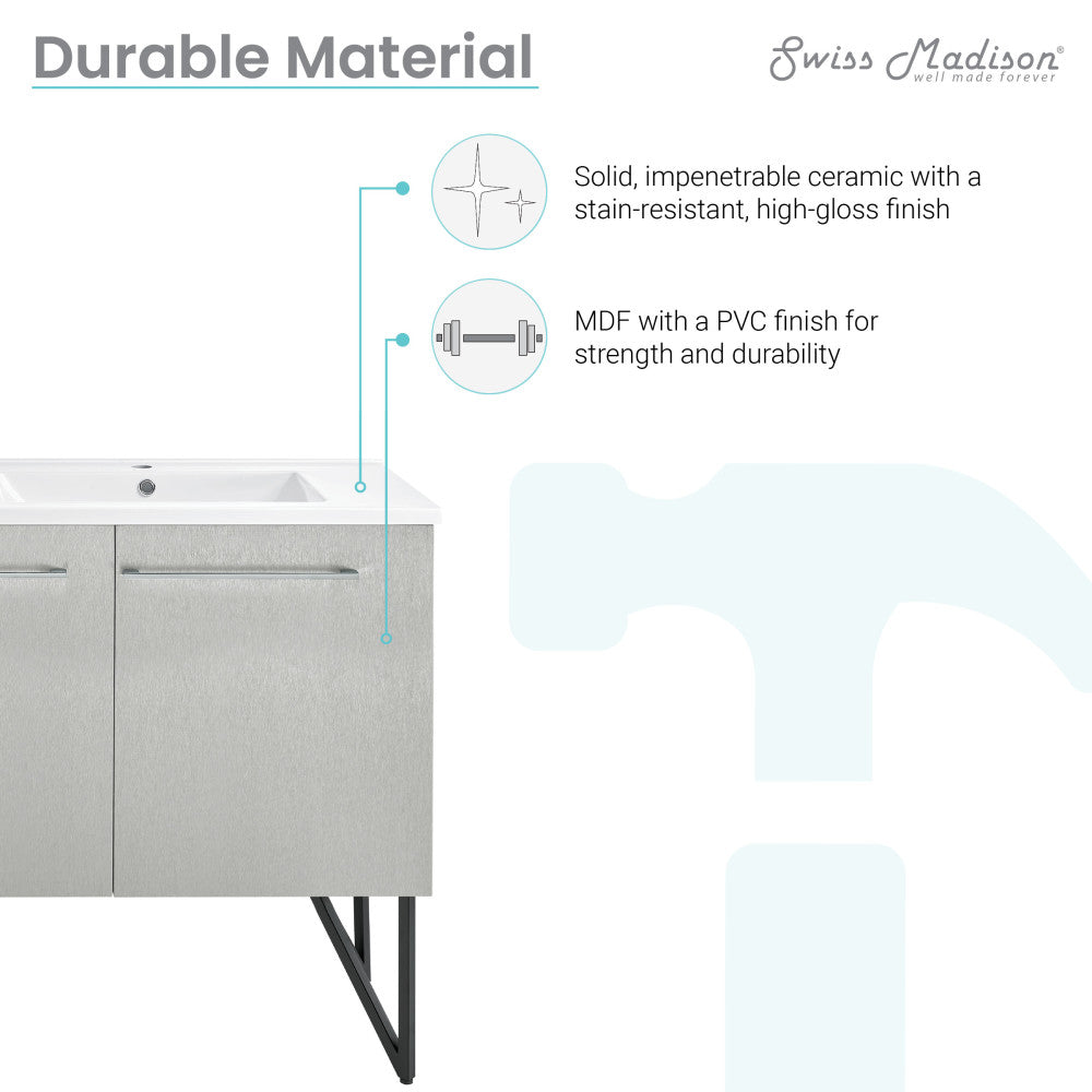 60-inch freestanding gray bathroom vanity with single sink, soft-close doors, and metal legs.