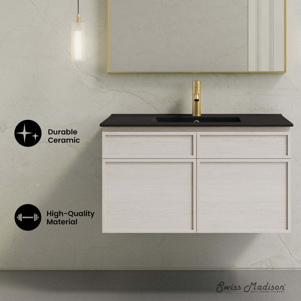 St. Tropez 36" Wall-Mounted Bathroom Vanity in White Oak with Black Sink Top