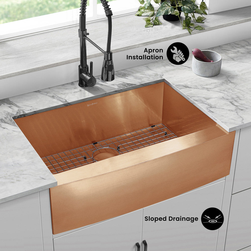 Rivage 30 x 21  Stainless Steel, Single Basin, Farmhouse Kitchen Sink with Apron in Rose Gold