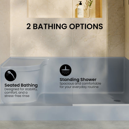 Aquatique 60" x 32" Single Threshold Shower Base With Right Hand Drain and Integral Left Hand Seat in Gray