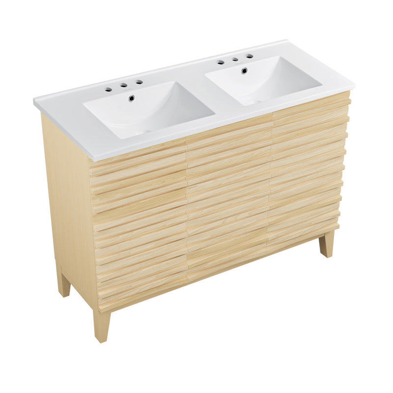 Cascade 48 in. Natural Oak, Double Basin Bathroom Vanity With White, 3-Hole Ceramic Sink Top