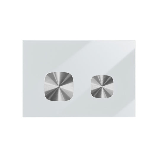 Verre Wall Mount Dual Flush Glass Actuator Plate in Glossy White with Silver Flush Buttons