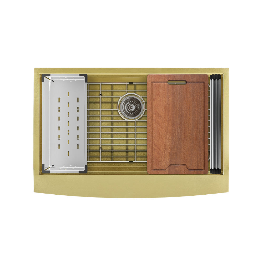 Single basin farmhouse kitchen sink in gold with apron front and integrated workstation accessories.