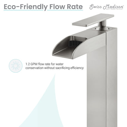 Single-handle bathroom faucet in brushed nickel with high arc waterfall spout and sleek modern design.