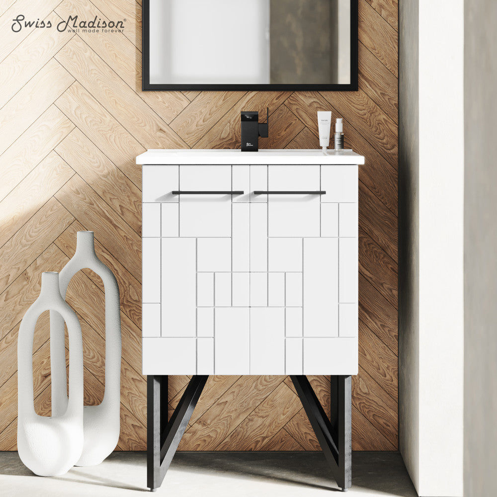 24-inch freestanding bathroom vanity in Mondrian white with single sink and black legs.