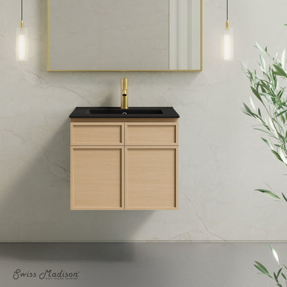 St. Tropez 24" Wall-Mounted Bathroom Vanity in Natural Oak with Black Sink Top