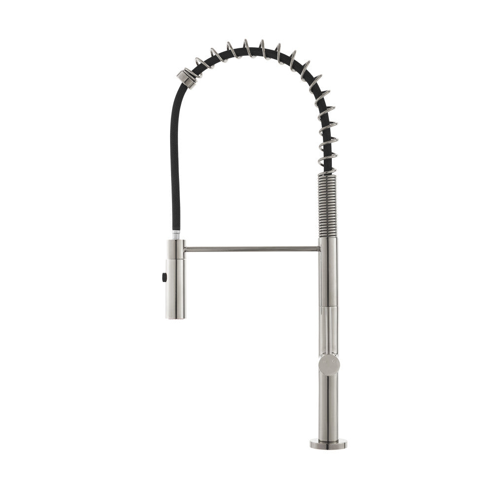 Pull-down kitchen faucet in brushed nickel, single handle with coil spring spout.
