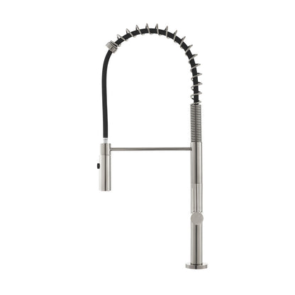 Pull-down kitchen faucet in brushed nickel, single handle with coil spring spout.