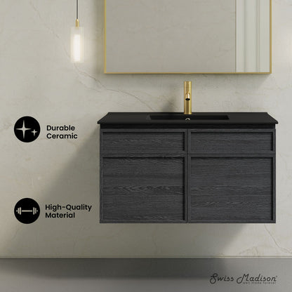 St. Tropez 36" Wall-Mounted Bathroom Vanity in Black Oak with Black Sink Top