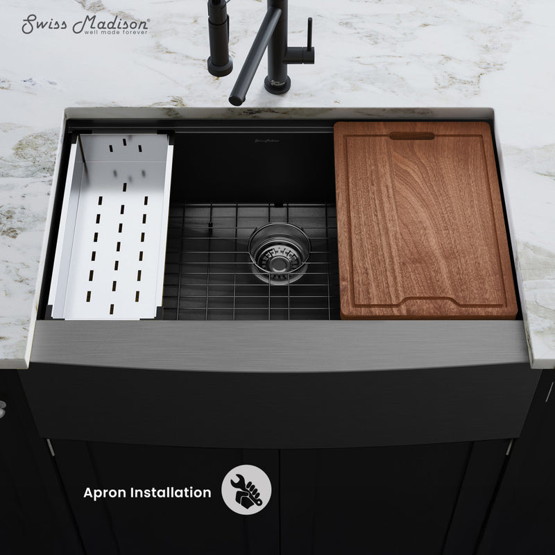 Tourner 33 x 22 Stainless Steel, Single Basin, Farmhouse Kitchen Workstation Sink with Apron in Black