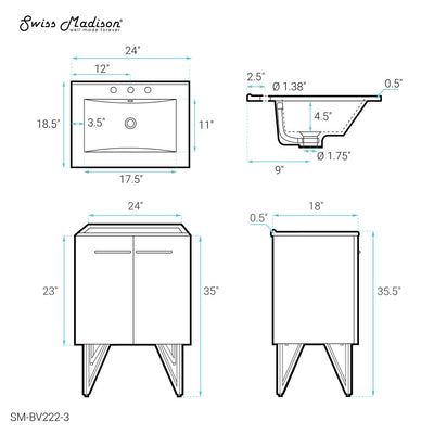 Annecy 24 in. Black Walnut Bathroom Vanity With White, 3-Hole Ceramic Sink Top