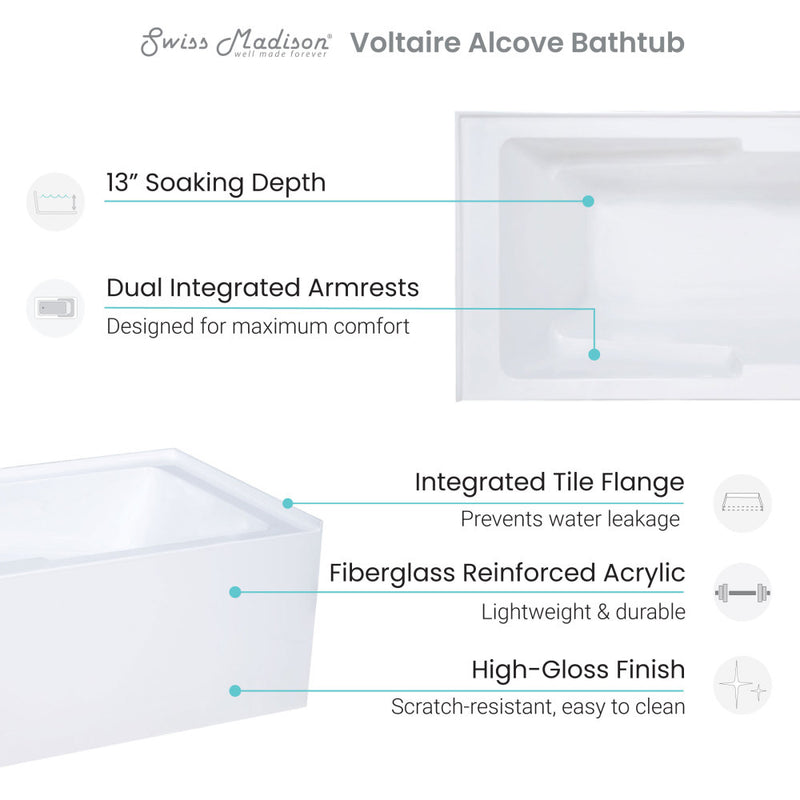 Voltaire 60" x 30" Right-Hand Drain Alcove Bathtub with Apron and Armrest