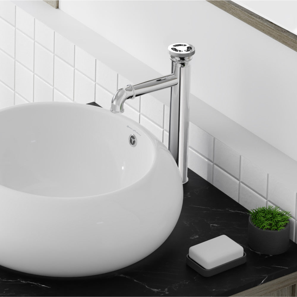 Single-handle high arc bathroom faucet in chrome with wheel handle and sleek cylindrical base.