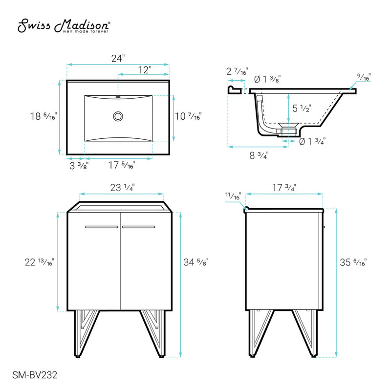 Annecy 24" Freestanding Bathroom Vanity in Gray with Sink Top