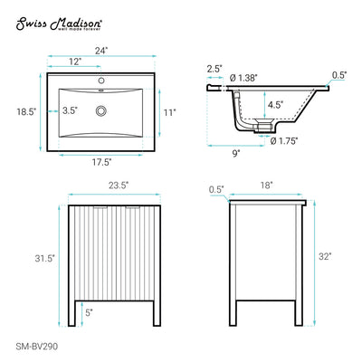 Bastille 24" Freestanding Bathroom Vanity in White with Sink Top