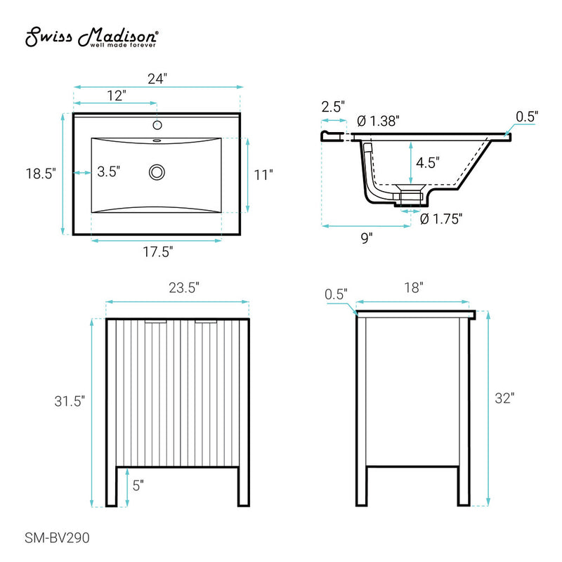 Bastille 24" Freestanding Bathroom Vanity in White with Sink Top