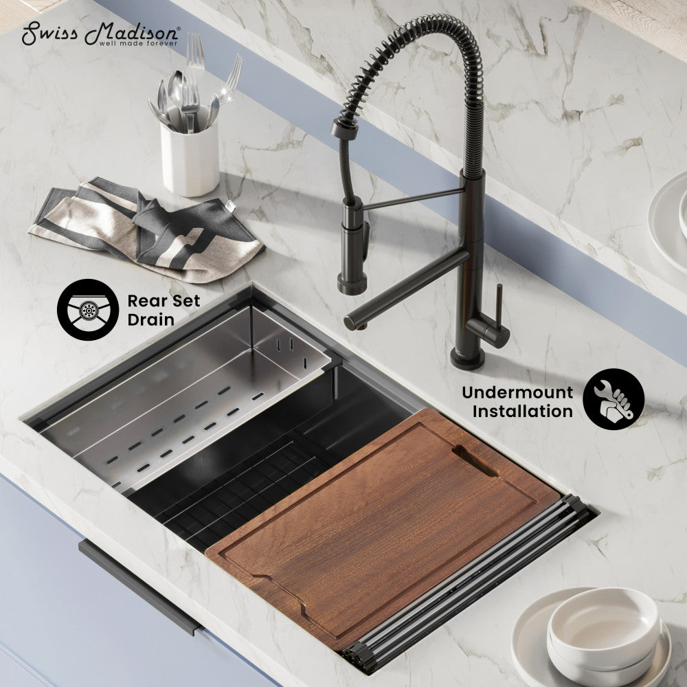Tourner 30x19 black undermount stainless steel kitchen sink with single basin and wooden cutting board.