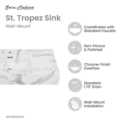 St. Tropez 24" Left Side Faucet Wall-Mount Bathroom Sink in White Marble