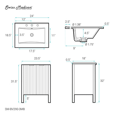 Bastille 24 in. White Bathroom Vanity With Black, 3-Hole Ceramic Sink Top