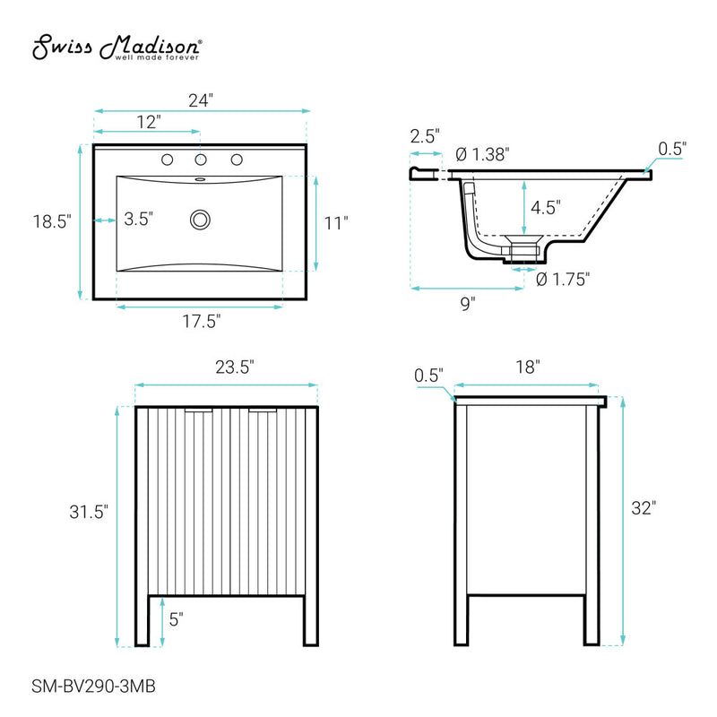 Bastille 24 in. White Bathroom Vanity With Black, 3-Hole Ceramic Sink Top