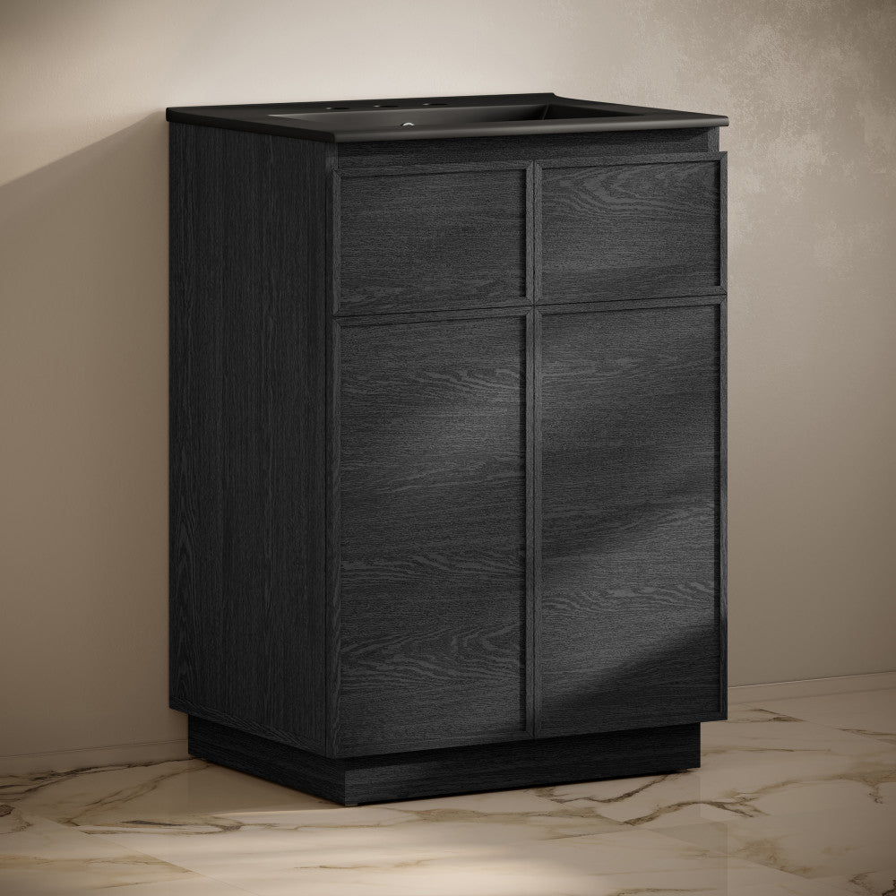 St. Tropez 24" Freestanding Bathroom Vanity in Black Oak with Black 3-Hole Widespread Sink Top