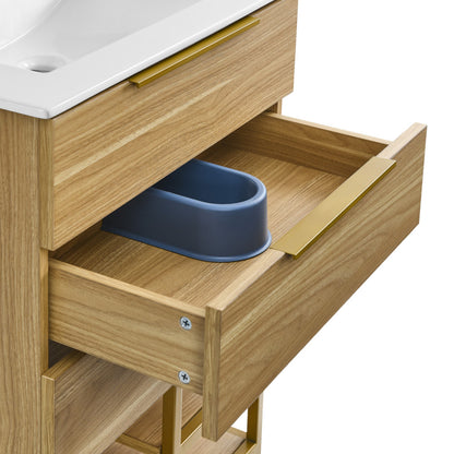 Carre 24 in. Golden Oak Bathroom Vanity with White, 3-Hole Ceramic Sink Top