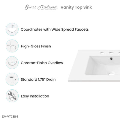 30" 3-Hole Widespread Vanity Sink Top in Glossy White