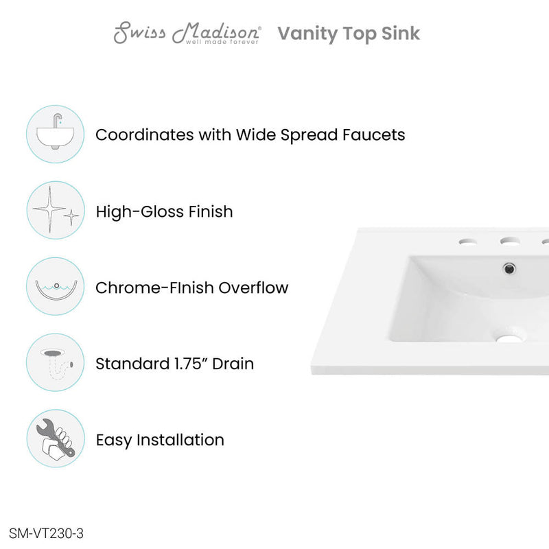 30" 3-Hole Widespread Vanity Sink Top in Glossy White