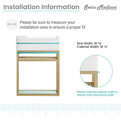19.5-inch wall-mount bathroom vanity with open shelf and gold metal frame.