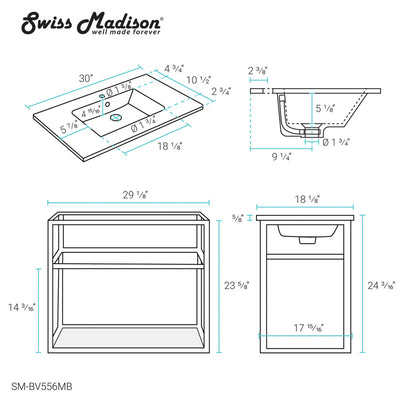 Pierre 30 Single, Open Shelf, Matte Black Metal Frame Bathroom Vanity