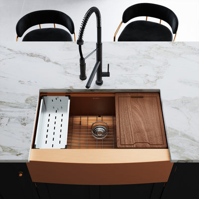 Tourner 33 x 22 Stainless Steel, Single Basin, Farmhouse Kitchen Workstation Sink with Apron in Rose Gold