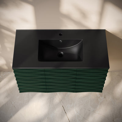 Cascade 36" Wall-Mounted Bathroom Vanity in Green Oak with Black Sink Top