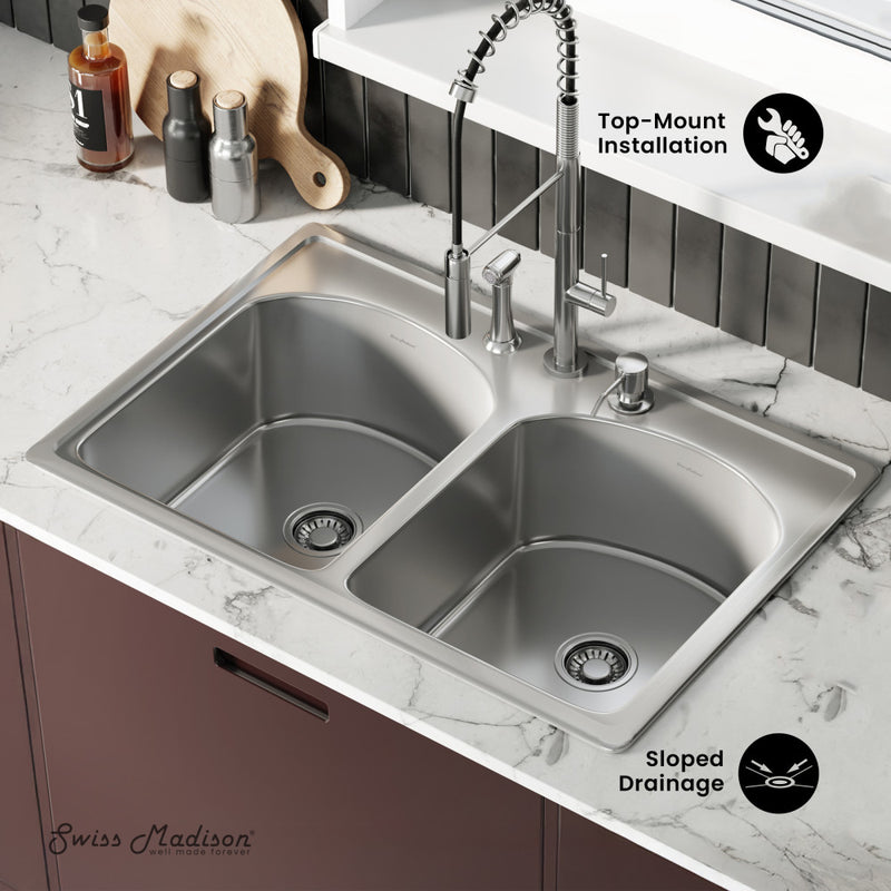 Ouvert 33 x 22 Stainless Steel, Dual Basin, Top-Mount Kitchen Sink