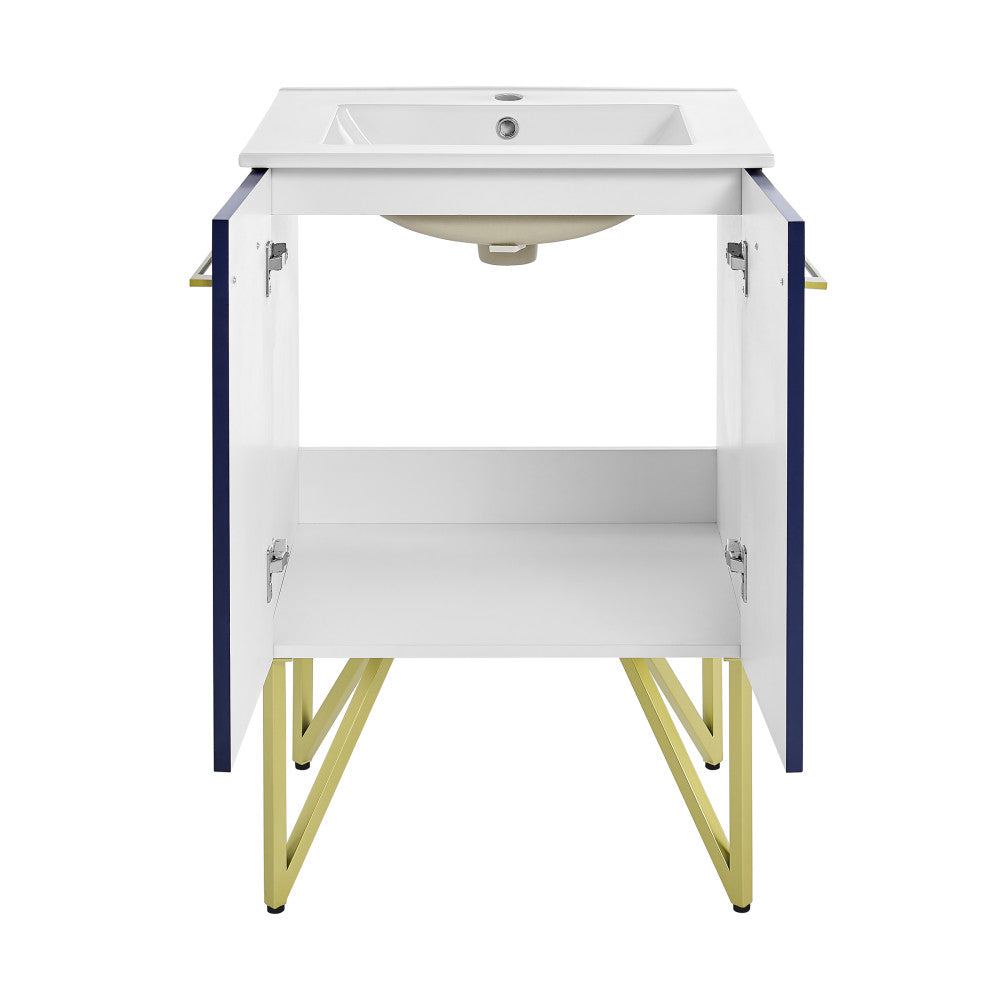 24-inch freestanding navy blue bathroom vanity with soft-close doors and white integrated sink top.