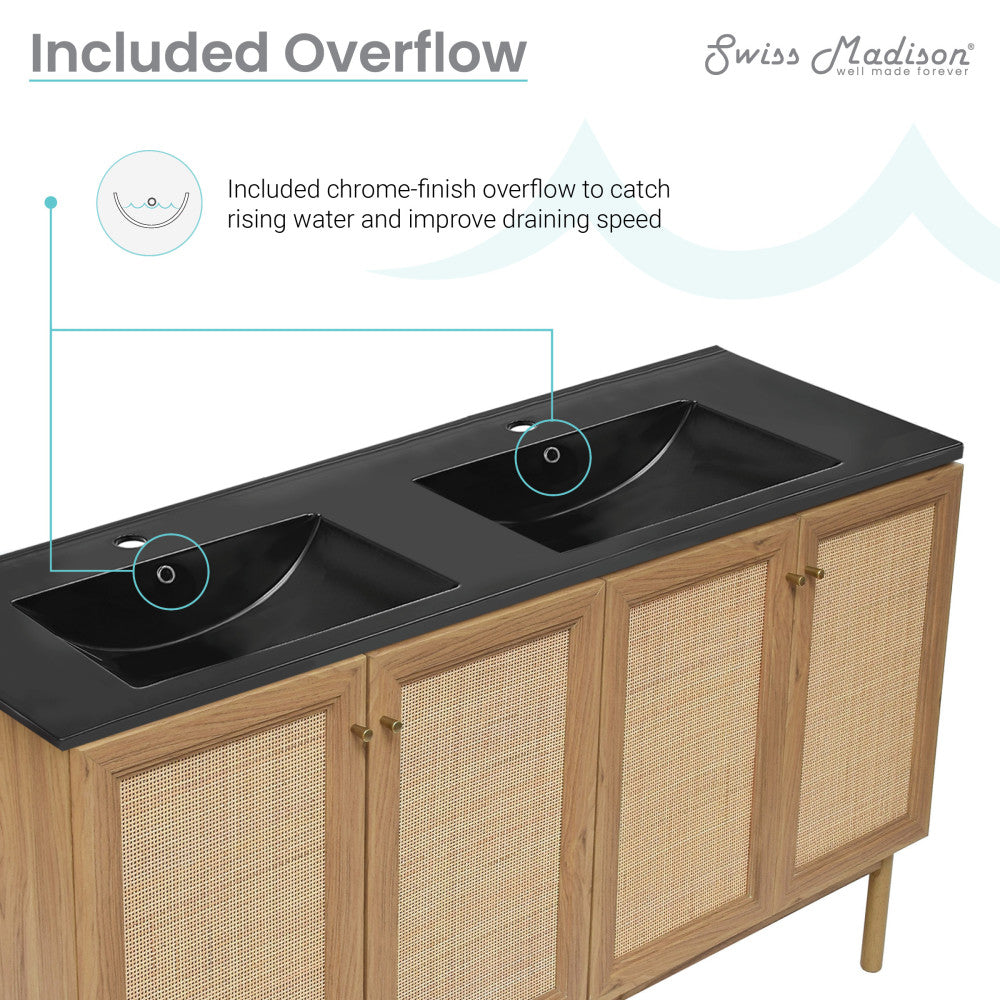 Classe 60" Freestanding Bathroom Vanity in Golden Oak with Black Double Basin Sink Top