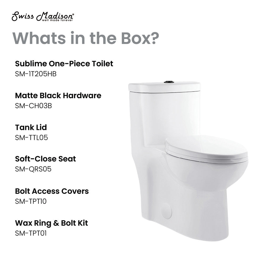Elongated one-piece toilet with dual flush, matte black hardware, soft-close seat.