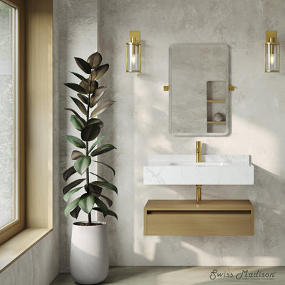 Avancer 36" Wall-Mounted Bathroom Vanity in Natural Oak with White Marble Sink Top