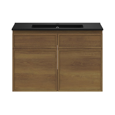 St. Tropez 30" Wall-Mounted Bathroom Vanity in Brown Oak with Black Sink Top