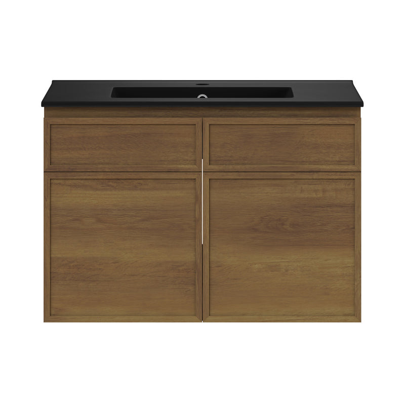 St. Tropez 30" Wall-Mounted Bathroom Vanity in Brown Oak with Black Sink Top