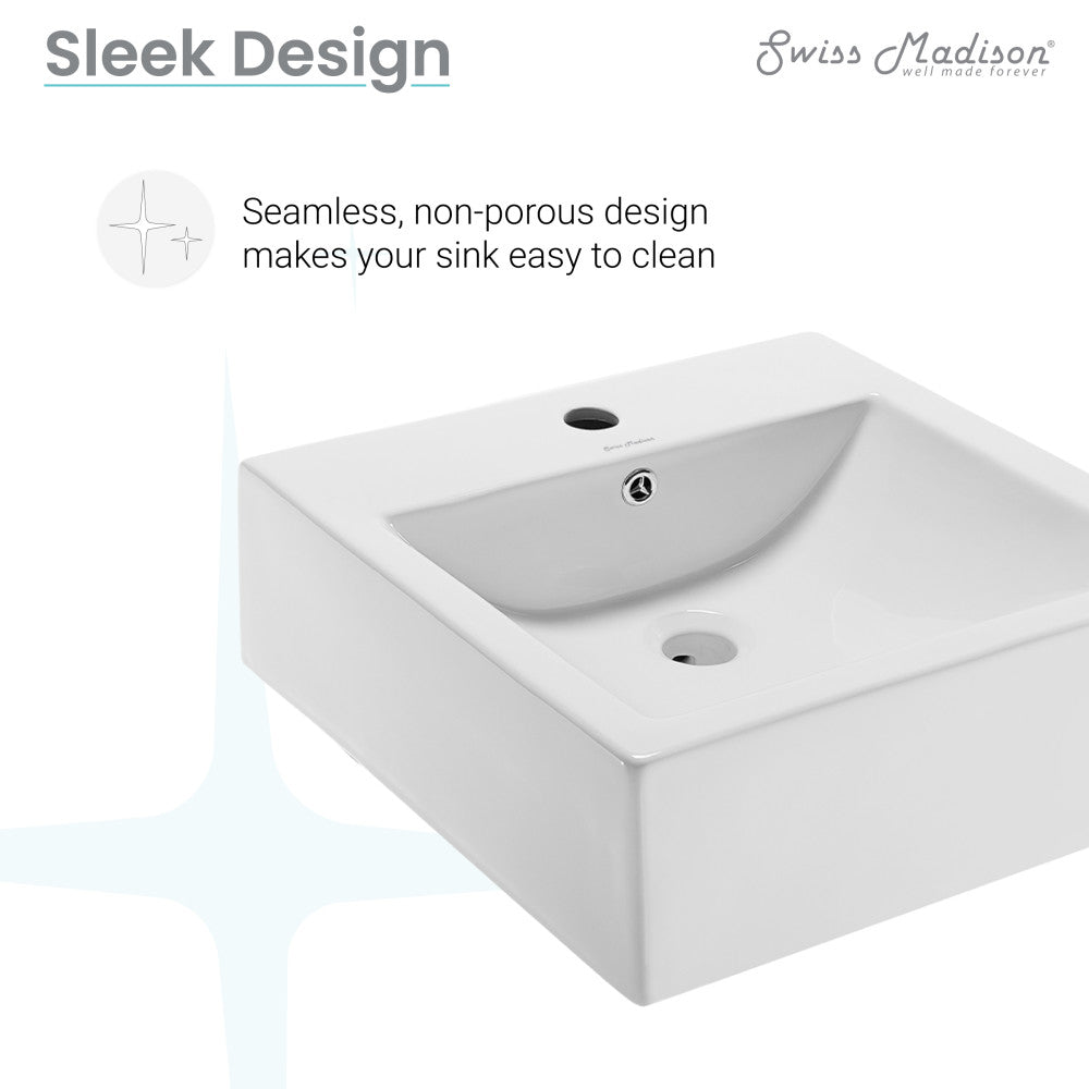 18-inch square white ceramic wall-mount sink with sleek, seamless design and single faucet hole.