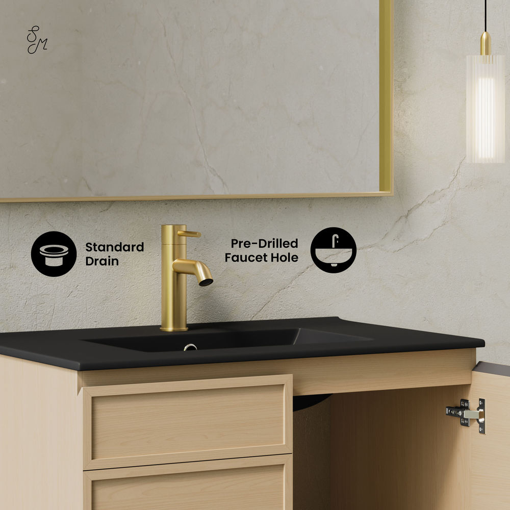 St. Tropez 30" Wall-Mounted Bathroom Vanity in Natural Oak with Black Sink Top