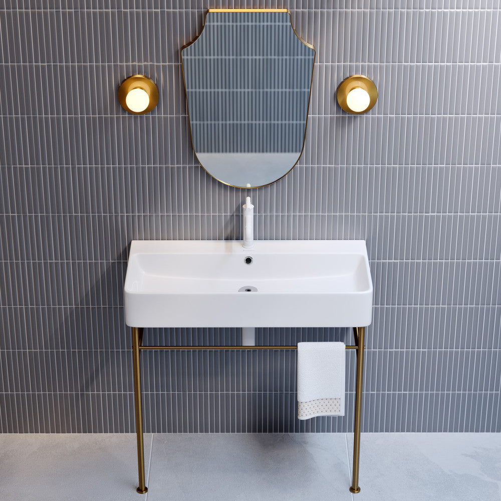 Carre 36 Ceramic Console Sink White Basin Brushed Gold Legs