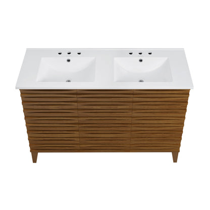 Cascade 48 in. Brown Oak, Double Basin Bathroom Vanity With White, 3-Hole Centerset Ceramic Sink Top