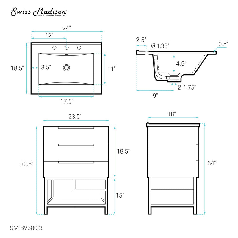 Carre 24 in. White Oak Bathroom Vanity With White, 3-Hole Ceramic Sink Top