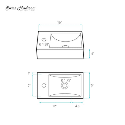Lisse 16" Concrete Rectangle Wall-Mounted Sink with Right Side Faucet Mount in Matte Royal Blue